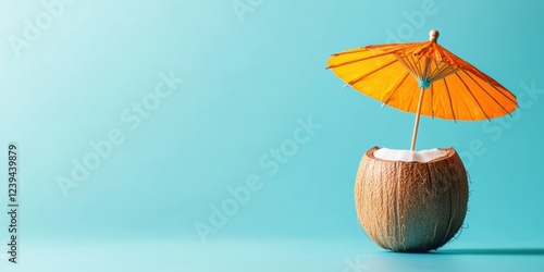 Wallpaper Mural Enjoy a refreshing coconut drink adorned with a vibrant orange umbrella, set against a serene turquoise background that recalls blissful summer days on unforgettable tropical vacations Torontodigital.ca