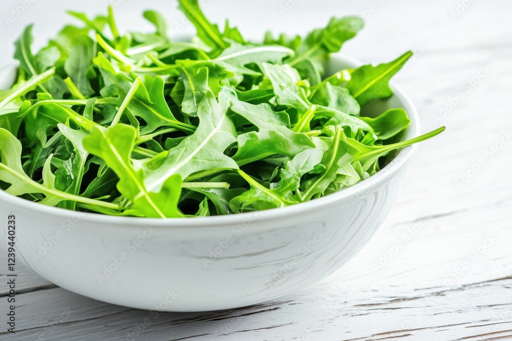 A bowl filled with fresh arugula leaves on a wooden surface. A bowl filled with fresh arugula leaves on a wooden surface.