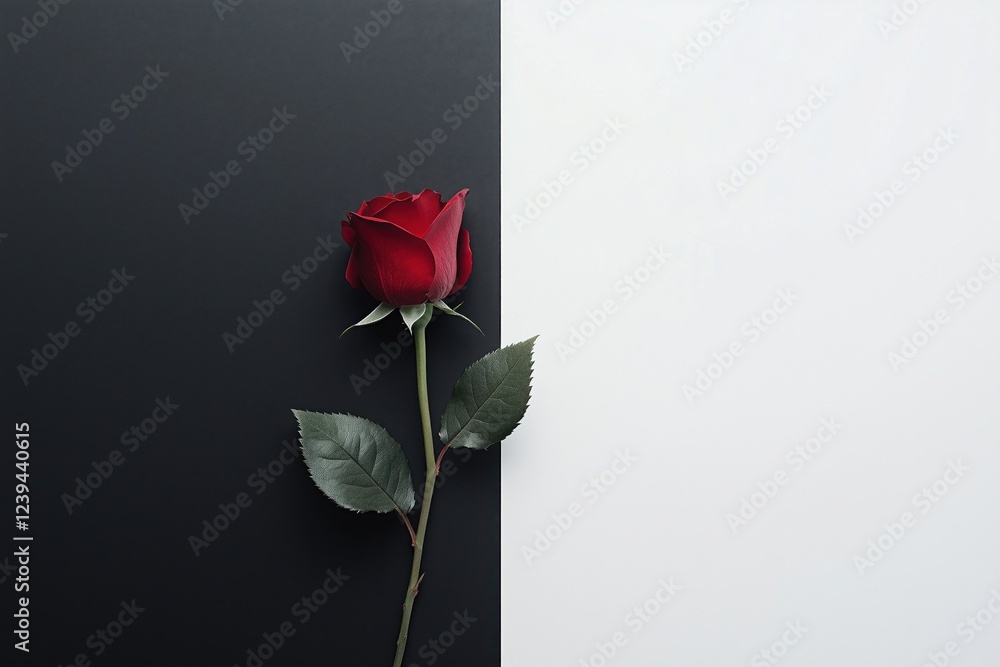 Fototapeta premium A single red rose with green leaves on a contrasting black and white background.