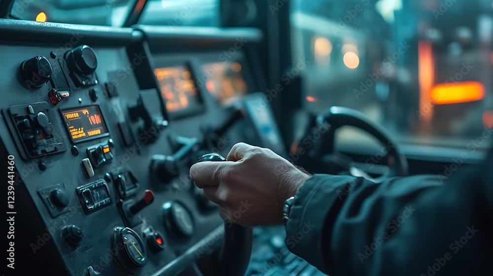 Hand on Industrial Vehicle Control Panel At Night Hand on Industrial Vehicle Control Panel At Night