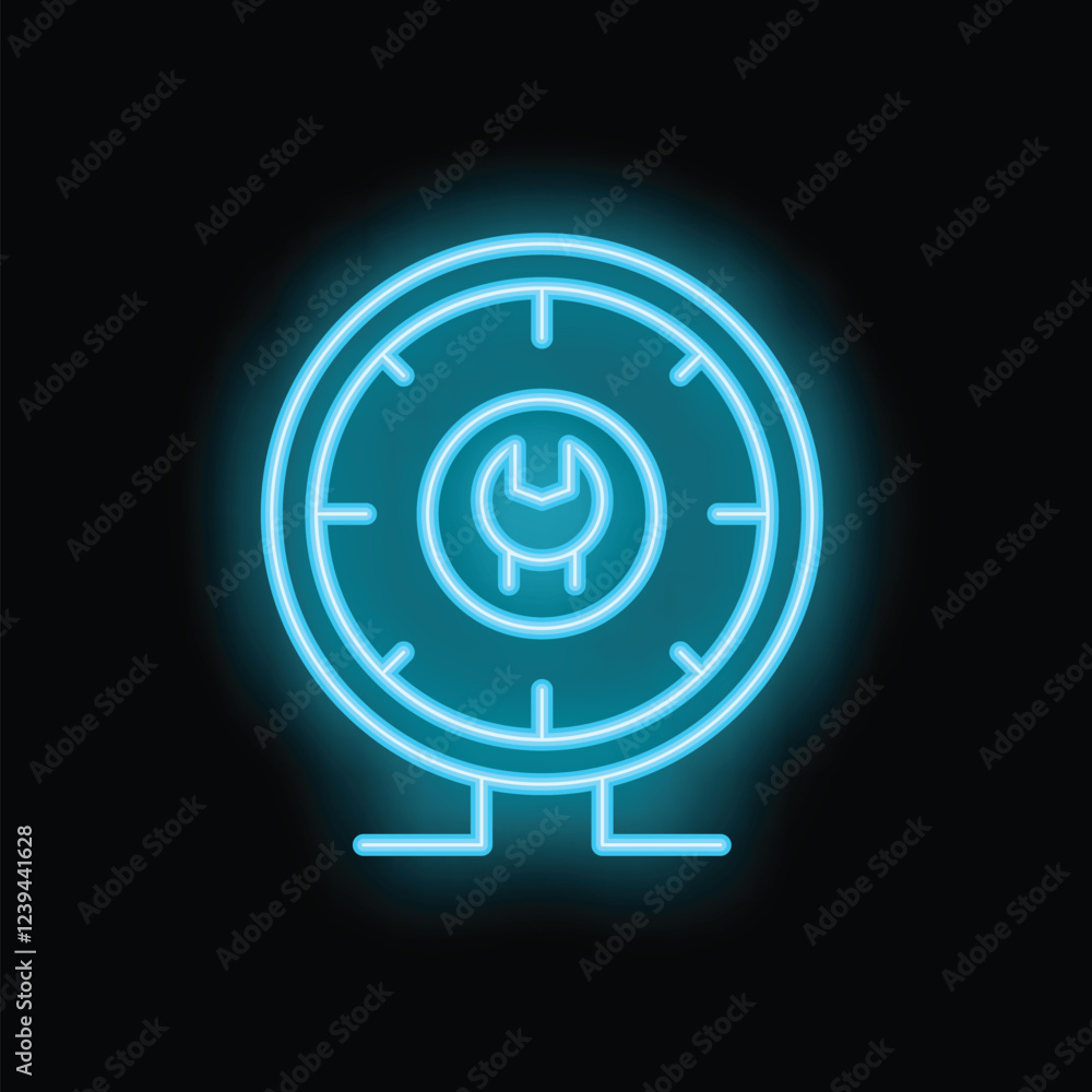 Neon sign representing the concept of time management with a clock and a wrench icon, perfect for productivity or business related designs Neon sign representing the concept of time management with a clock and a wrench icon, perfect for productivity or business related designs