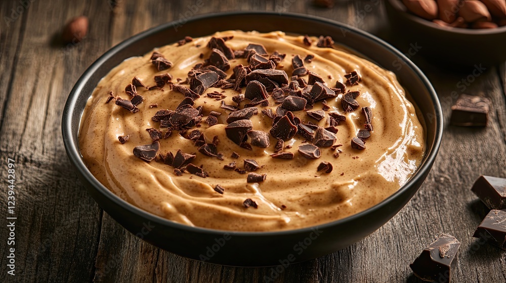 Protein bowl features a creamy peanut butter base adorned with chocolate shavings, presented on a rustic wooden table under warm lighting, perfect for cozy autumn or winter moments. Healthy eating Protein bowl features a creamy peanut butter base adorned with chocolate shavings, presented on a rustic wooden table under warm lighting, perfect for cozy autumn or winter moments. Healthy eating