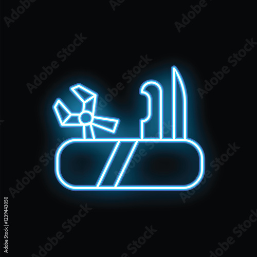 Blue neon sign depicting a multitool knife with pliers, a blade, and other tools, glowing against a black background