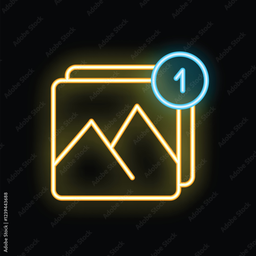 Neon gallery icon is glowing yellow with a notification bubble showing one new photo Neon gallery icon is glowing yellow with a notification bubble showing one new photo