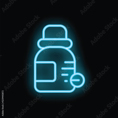 Blue neon sign depicting a medical drugs jar with minus sign, glowing on a black background, perfect for concepts like healthcare, treatment and medicine