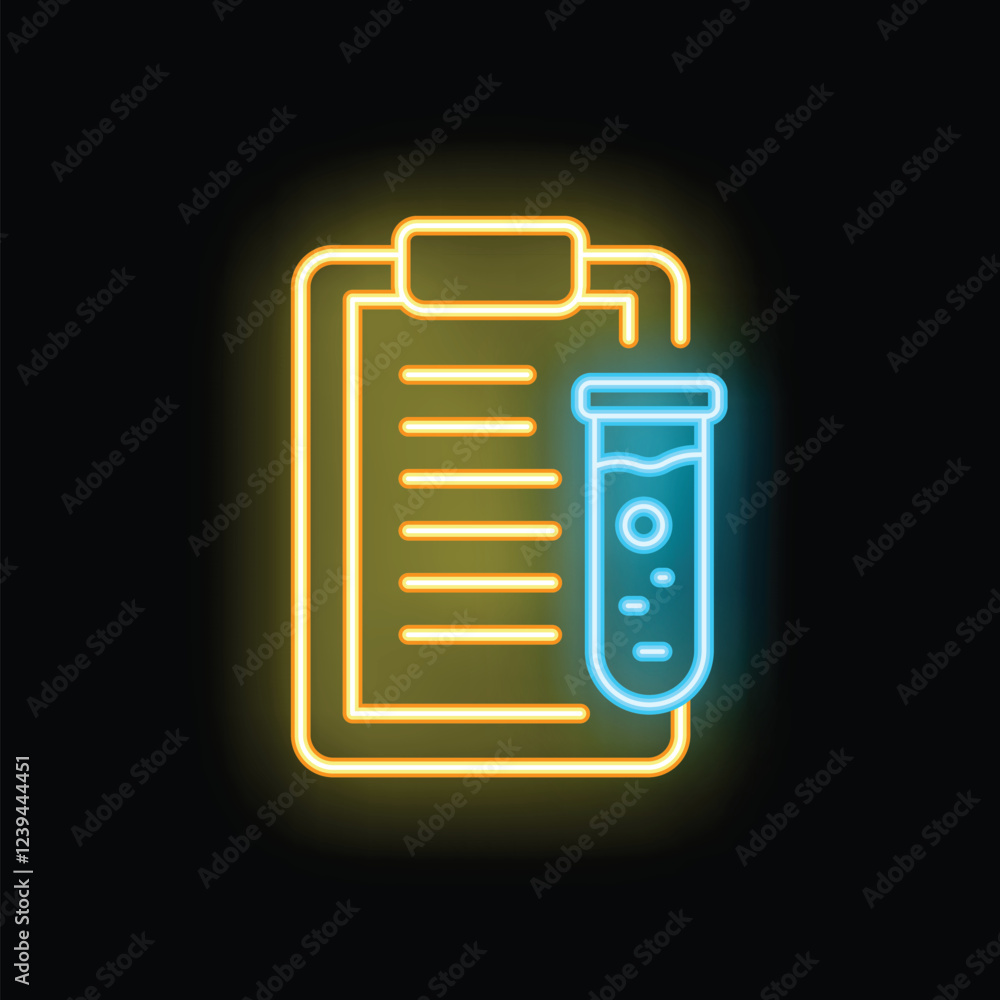 Glowing neon line medical analysis icon isolated on a black background. Clipboard with test tube icon. Laboratory research icon Glowing neon line medical analysis icon isolated on a black background. Clipboard with test tube icon. Laboratory research icon