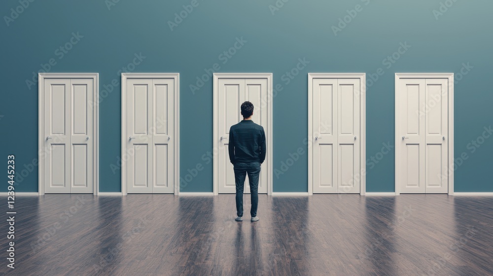 Fototapeta premium A person stands in front of multiple doors, contemplating choices in a minimalist interior space.