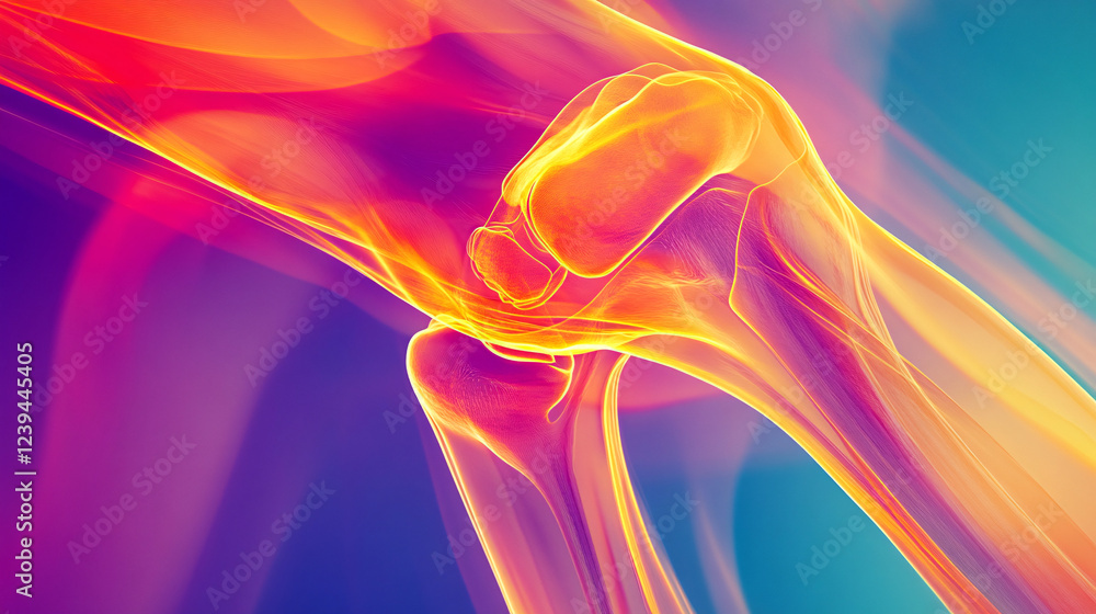 Naklejka premium An imaginative X-ray of a knee joint in action, with dynamic lines illustrating movement and flexibility, set against a backdrop of energetic colors representing athleticism. 