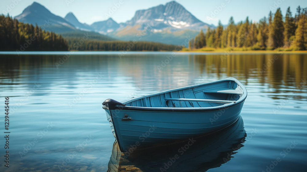 Obraz premium Fishing Boat Gently Drifting on a Calm Lake, with Blurred Trees and Mountain Peaks in the Distance Under a Clear Sky, Evoking a Serene and Peaceful Lakeside Scene