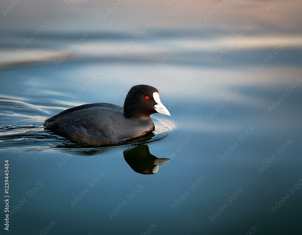 black scoter swimming gracefully on calm water under soft light during early morning hours black scoter swimming gracefully on calm water under soft light during early morning hours