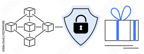 Network of blocks connected, shield with locked padlock, and gift with ribbon. Ideal for technology, security, blockchain solutions, data protection, digital rewards, cryptocurrency and online