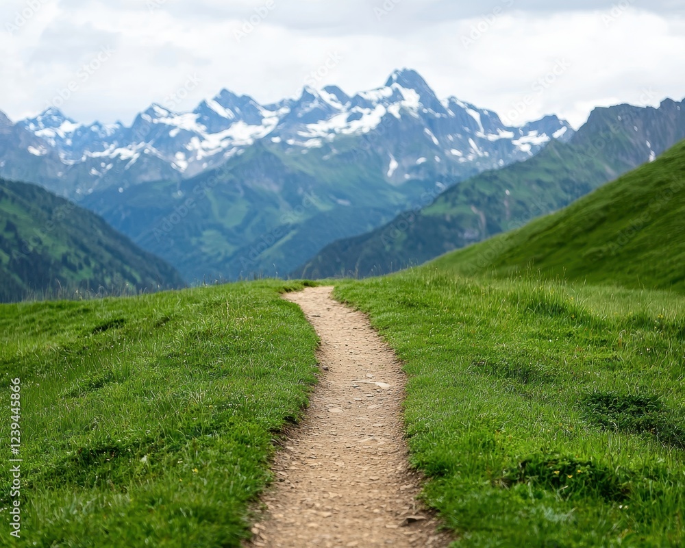 A serene path winds through lush green hills, leading towards majestic snow-capped mountains under a cloudy sky. A serene path winds through lush green hills, leading towards majestic snow-capped mountains under a cloudy sky.