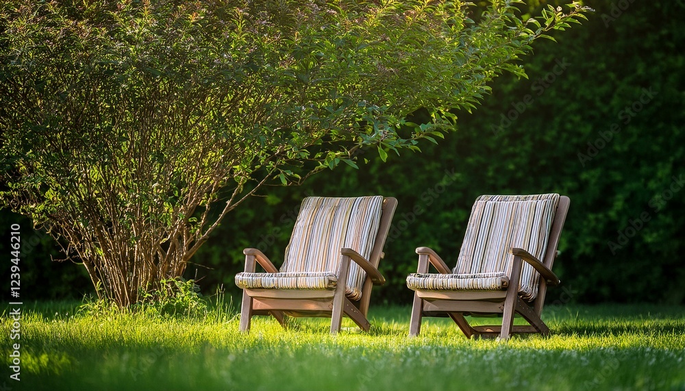 two lawn chairs sitting in the grass near a bush