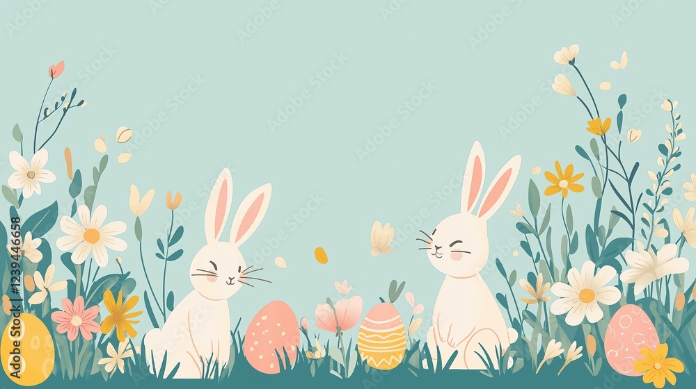 Hand-drawn Easter bunnies with eggs in a floral meadow Hand-drawn Easter bunnies with eggs in a floral meadow