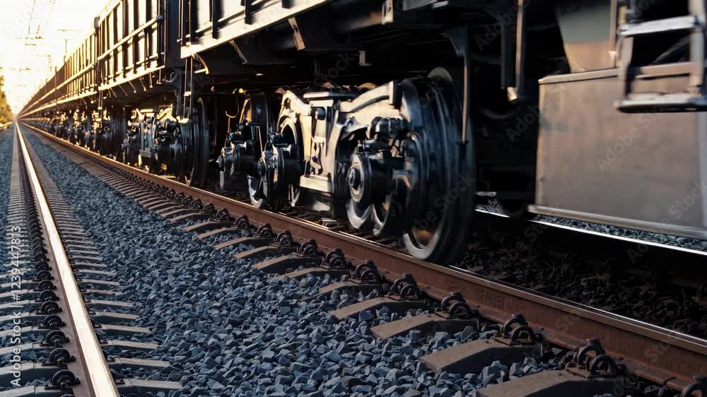 Modern train wheels and railroad tracks close-up view at sunset. Industrial transport infrastructure details with dramatic perspective and golden hour lighting Modern train wheels and railroad tracks close-up view at sunset. Industrial transport infrastructure details with dramatic perspective and golden hour lighting
