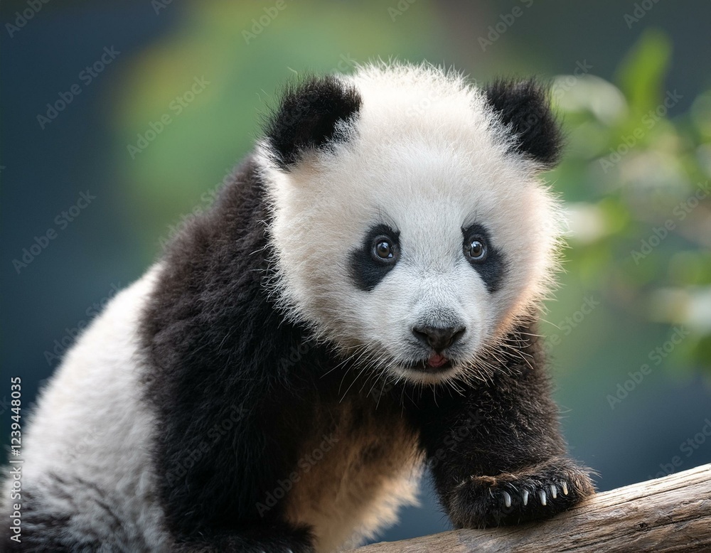 Obraz premium panda black and white panda bear cub stands on a branch panda bear has mood of curiosity and surprise