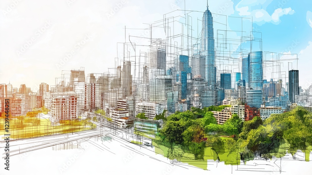 Obraz premium city planning with architectural sketch and green landscape, representing sustainable urban development, innovation, and modern infrastructure, Generative Ai
