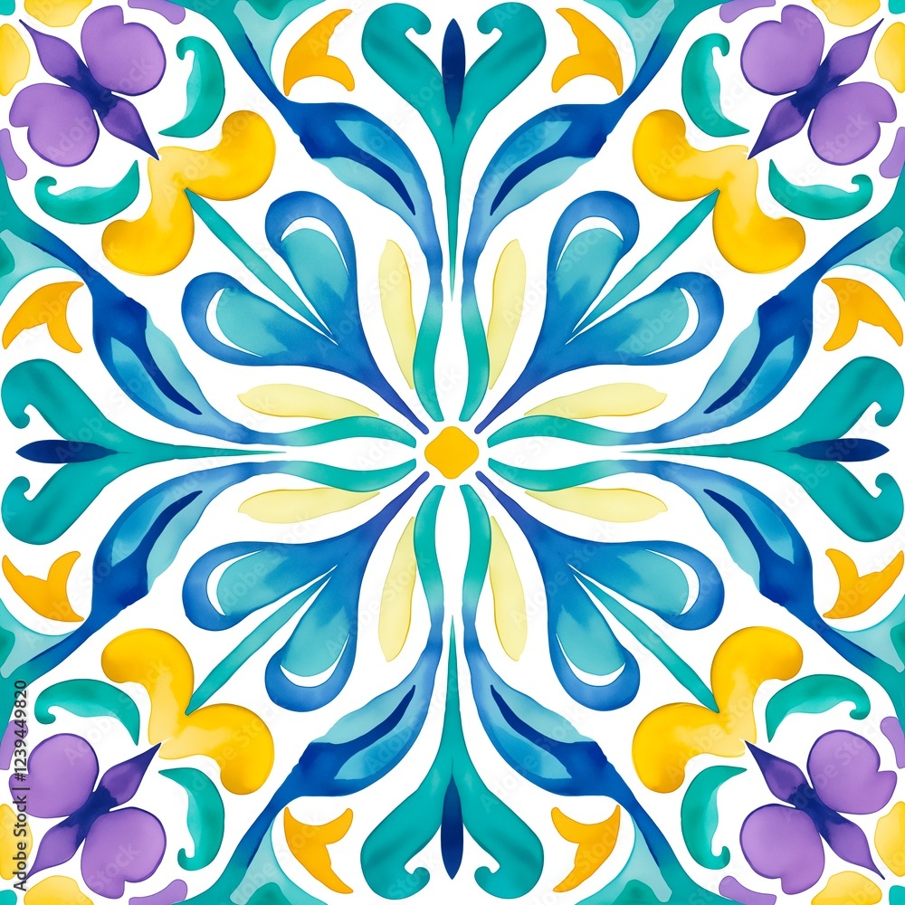 Fototapeta premium Watercolor Portuguese tile, JPG, 3600 x 3600 px, 300 dpi