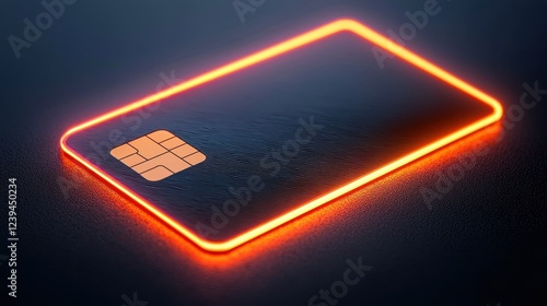 A sleek, glowing credit card with a textured surface, illuminated by an orange light against a dark background.