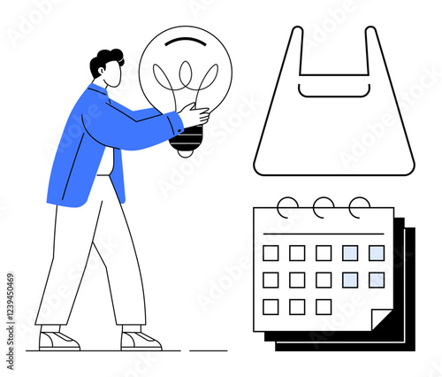 Person holding a light bulb, adjacent to a shopping bag outline and stacked calendar. Ideal for brainstorming, planning, innovation, scheduling, productivity, shopping creativity. Minimalistic