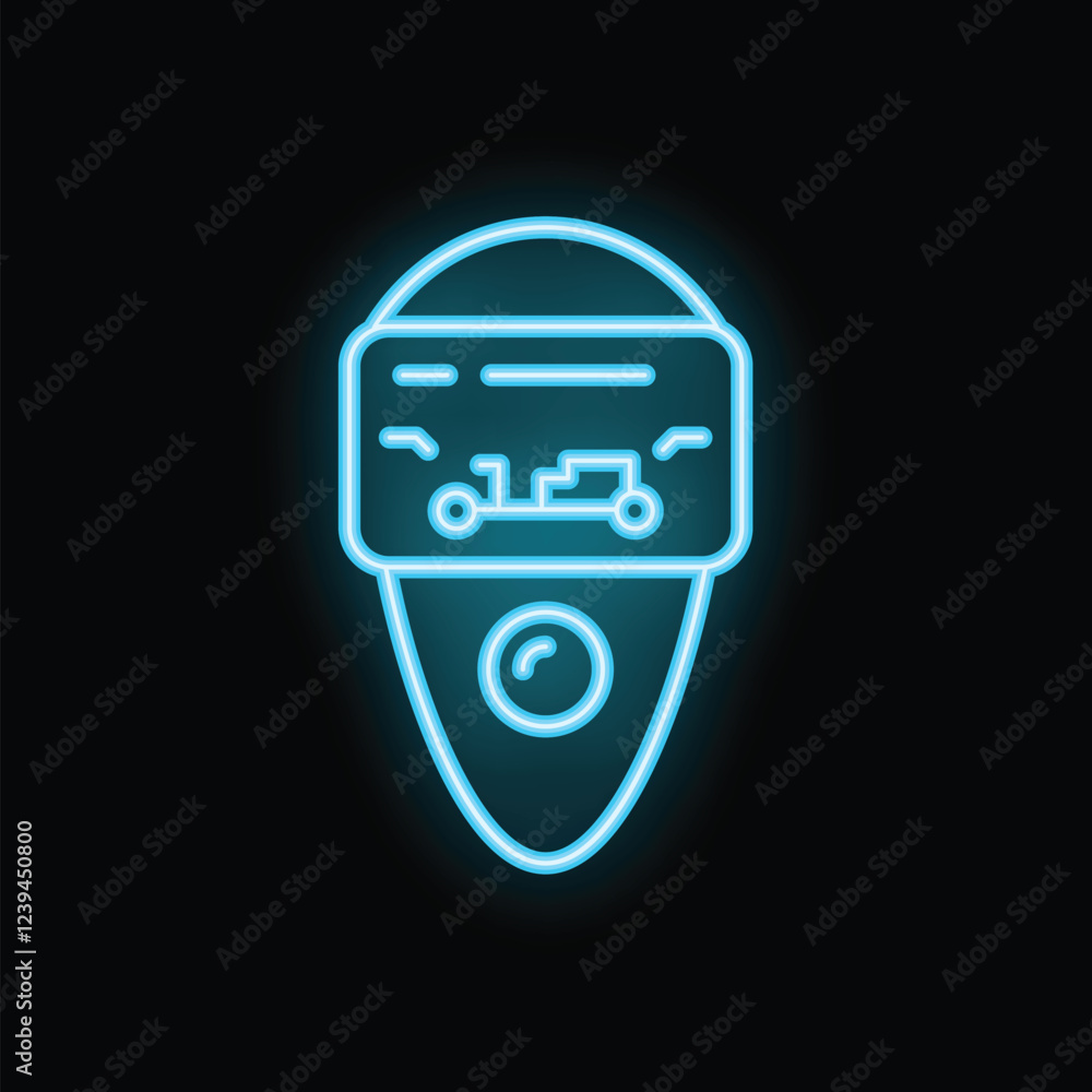 Glowing blue neon icon of a vr headset displaying a racing game, on a black background Glowing blue neon icon of a vr headset displaying a racing game, on a black background