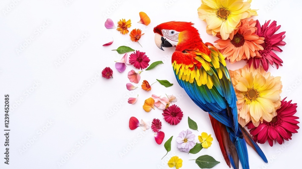 Obraz premium A vibrant parrot surrounded by colorful flowers and petals, showcasing a lively tropical theme.