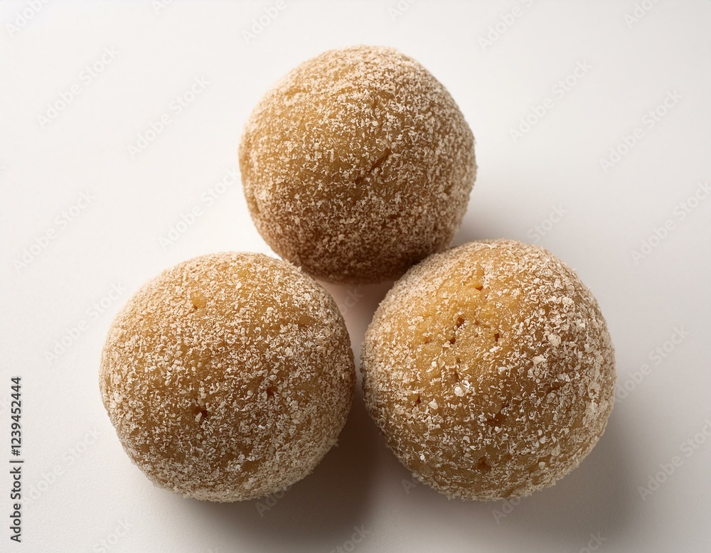 three round laddus with a coarse grainy texture arranged in a triangle on a plain white surface displayed on a white background three round laddus with a coarse grainy texture arranged in a triangle on a plain white surface displayed on a white background