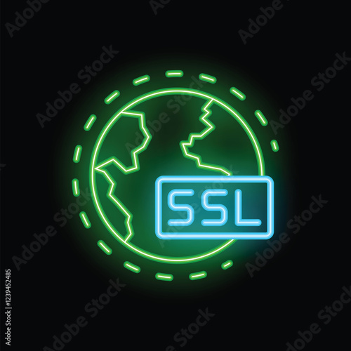 Neon ssl certificate icon glowing in front of planet earth, symbolizing global cybersecurity and data encryption