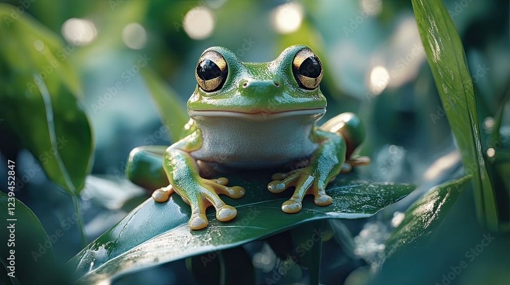 A Southeast Asian garden frog perched on a leaf in its natural wetland habitat A Southeast Asian garden frog perched on a leaf in its natural wetland habitat