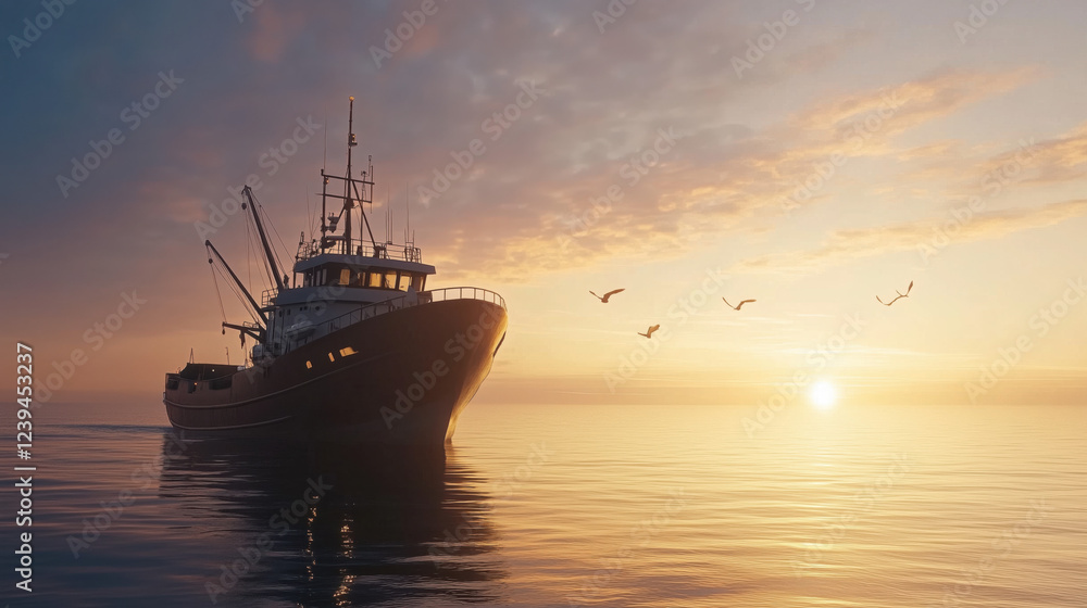 Obraz premium Fishing Trawler at Sea During Golden Hour, with a Calm Ocean and Soft Hues in the Sky Creating a Peaceful and Serene Maritime Setting