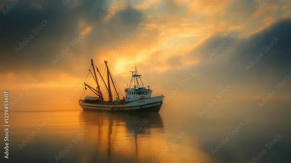Fishing Trawler at Sea During Golden Hour, with a Calm Ocean and Soft Hues in the Sky Creating a Peaceful and Serene Maritime Setting Fishing Trawler at Sea During Golden Hour, with a Calm Ocean and Soft Hues in the Sky Creating a Peaceful and Serene Maritime Setting