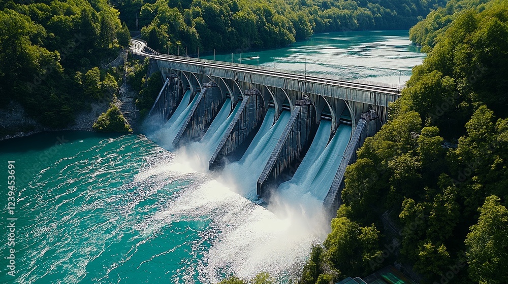 Large hydroelectric dam with powerful water flow surrounded by lush green landscape, representing renewable energy, sustainable resources, and environmental conservation, Generative Ai Large hydroelectric dam with powerful water flow surrounded by lush green landscape, representing renewable energy, sustainable resources, and environmental conservation, Generative Ai