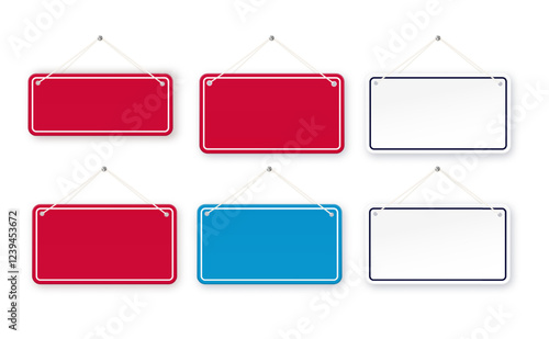 Red and blue shop door signs hanging isolated . Empty or blank sign for store, restaurant or cafe. Vector illustration