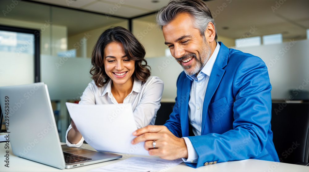 Smiling colleagues review documents. Office teamwork. Business professionals collaborating. Project success. Smiling colleagues review documents. Office teamwork. Business professionals collaborating. Project success.