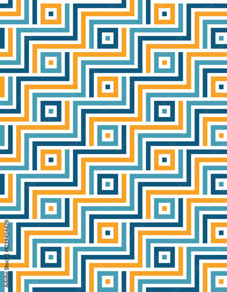 Colorful maze design with thin blue and yellow lines on a white background. Abstract geometric style. Seamless repeating pattern. Vector illustration. Colorful maze design with thin blue and yellow lines on a white background. Abstract geometric style. Seamless repeating pattern. Vector illustration.