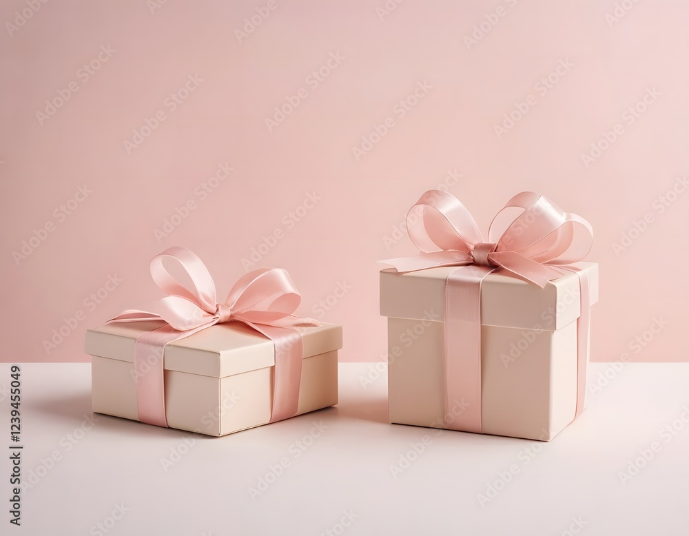 Obraz premium 2 Set of pastel light pink beige cream gift present heart love shape box with bow ribbon on transparent PNG. Mockup template for design. perspective open close flat lay view different angle. pink 
