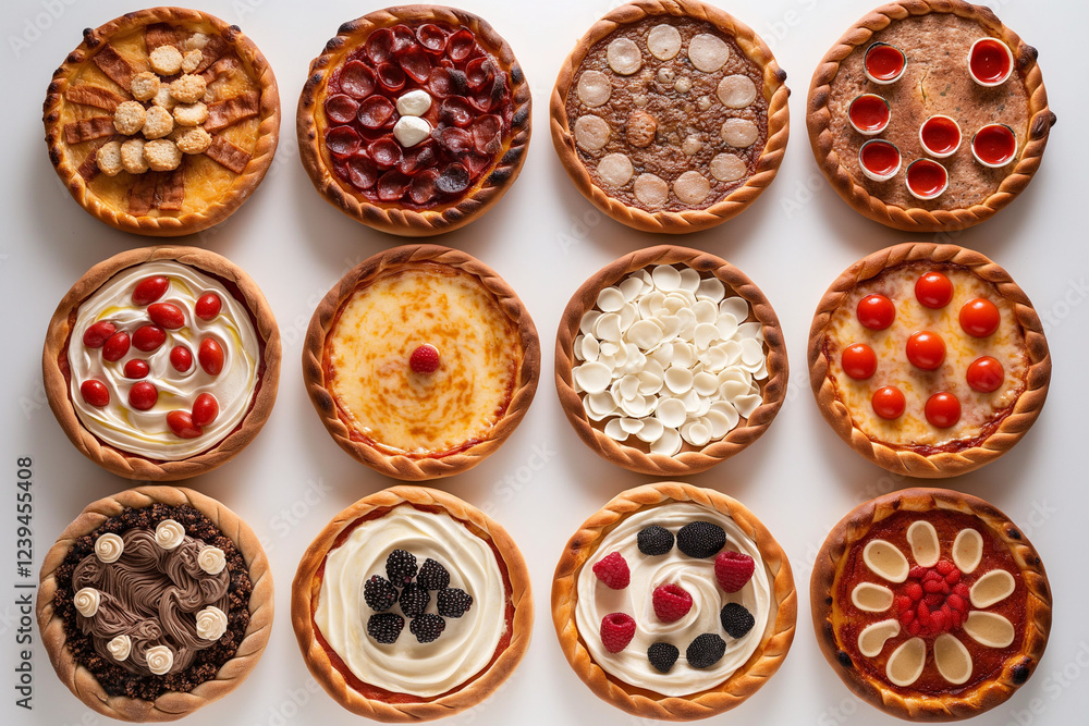 A Stunning Display of Twelve Beautifully Crafted Pies, Each Uniquely Decorated with Different Ingredients and Patterns, Showcasing the Creativity and Timeless Tradition of Pastry Making. A Stunning Display of Twelve Beautifully Crafted Pies, Each Uniquely Decorated with Different Ingredients and Patterns, Showcasing the Creativity and Timeless Tradition of Pastry Making.