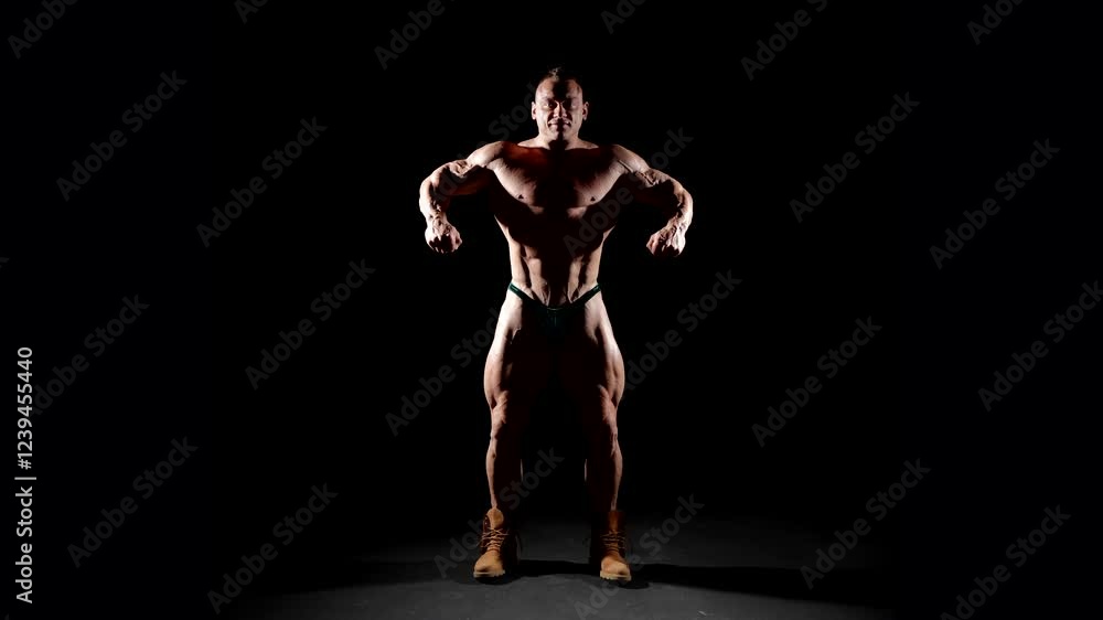 The photo shows a bodybuilder in a double bicep pose, demonstrating perfect symmetry and working out the muscles of his back, shoulders and arms. The photo shows a bodybuilder in a double bicep pose, demonstrating perfect symmetry and working out the muscles of his back, shoulders and arms.