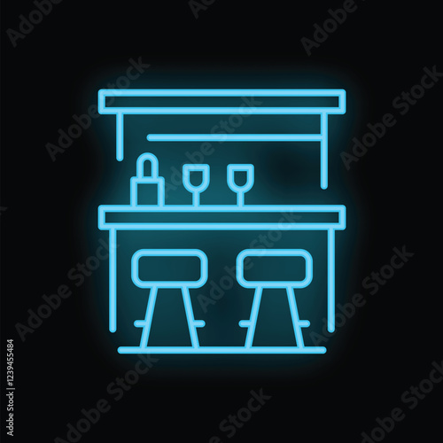Neon glowing sign of a bar counter with stools, shining on black wall background