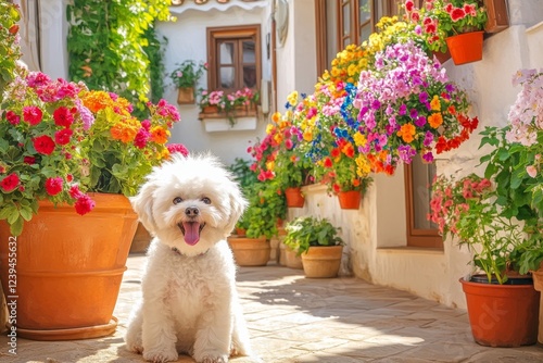 A charming courtyard filled with potted flowers showcases a fluffy Bichon Frize looking playful and cheerful as it sits with its tongue out, surrounded by bright blooms and sunshine photo