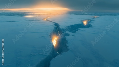 Cracks reveal glowing light on a frozen surface at twilight near a vast icy landscape photo