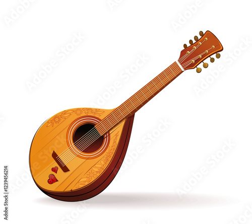 Eight-string Mandolin is an Italian stringed musical instrument of the lute family. Antique medieval Mandolin isolated on white background. Vector illustration