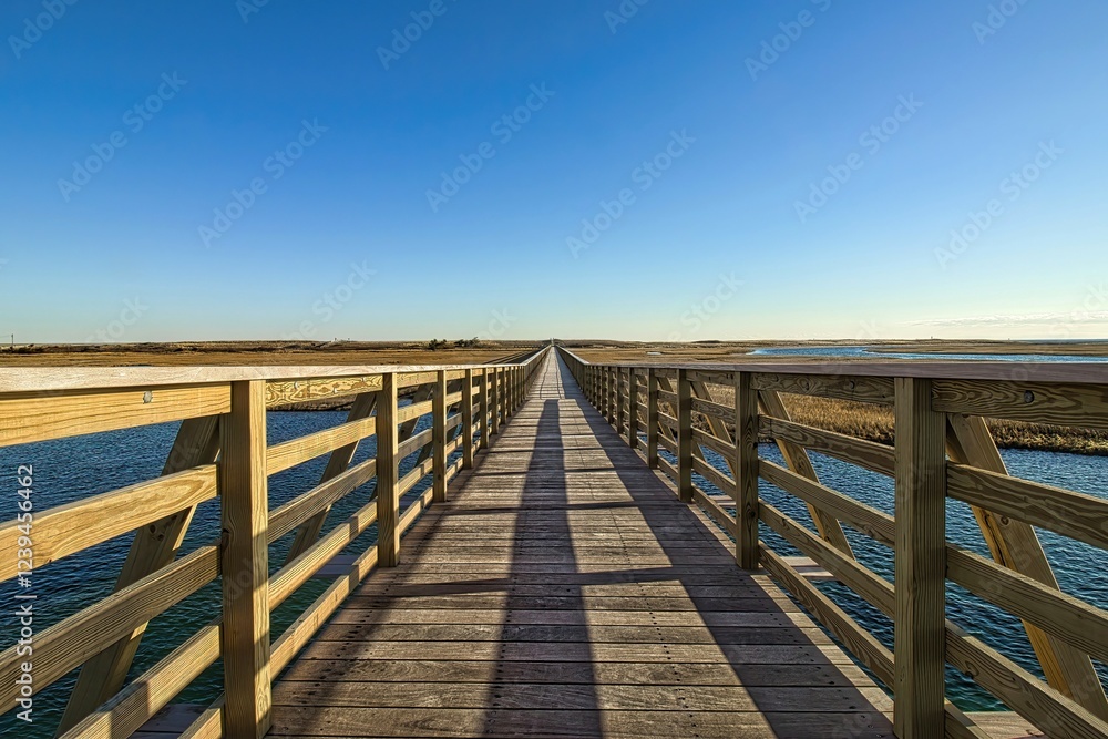 Fototapeta premium Sunny Winter day landscape of an empty Sandwich Boardwalk, stretching straight across a marsh to the horizon on Cape Cod near Sandwich, Massachusetts.