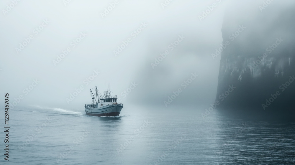 Fishing Vessel Navigating Through Foggy Waters, with Blurred Cliffs and a Faint Outline of Distant Land Barely Visible, Creating a Mysterious and Atmospheric Maritime Scene Fishing Vessel Navigating Through Foggy Waters, with Blurred Cliffs and a Faint Outline of Distant Land Barely Visible, Creating a Mysterious and Atmospheric Maritime Scene
