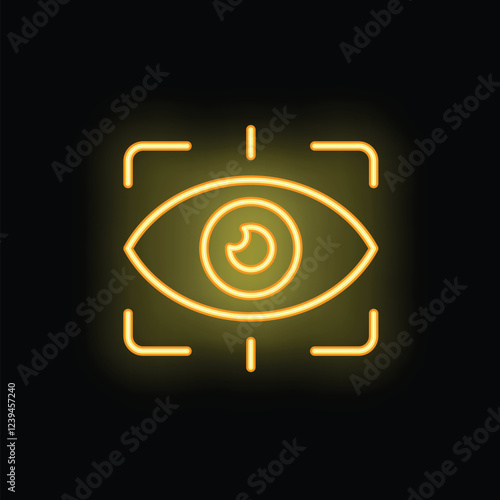 Neon yellow eye tracking system focusing on a target, concept for artificial intelligence, biometrics and surveillance technology