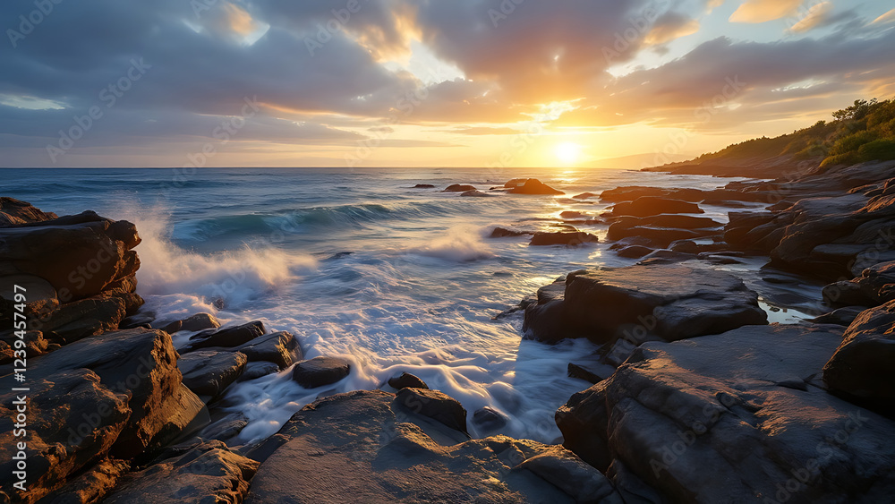 Spring Sunset by the Sea with Dramatic Rocky Coastline Spring Sunset by the Sea with Dramatic Rocky Coastline