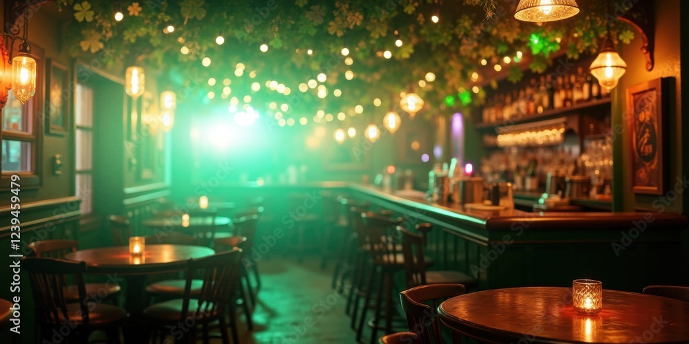 Celebrate St. Patrick's Day in a vibrant bar atmosphere adorned with festive lights and greenery, perfect for gatherings and events. Celebrate St. Patrick's Day in a vibrant bar atmosphere adorned with festive lights and greenery, perfect for gatherings and events.