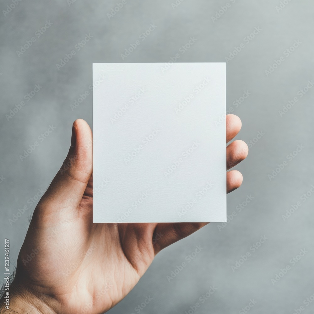 Hand holding a plain blank square sheet against a soft gray background in a simple and minimalistic composition. Generative AI Hand holding a plain blank square sheet against a soft gray background in a simple and minimalistic composition. Generative AI