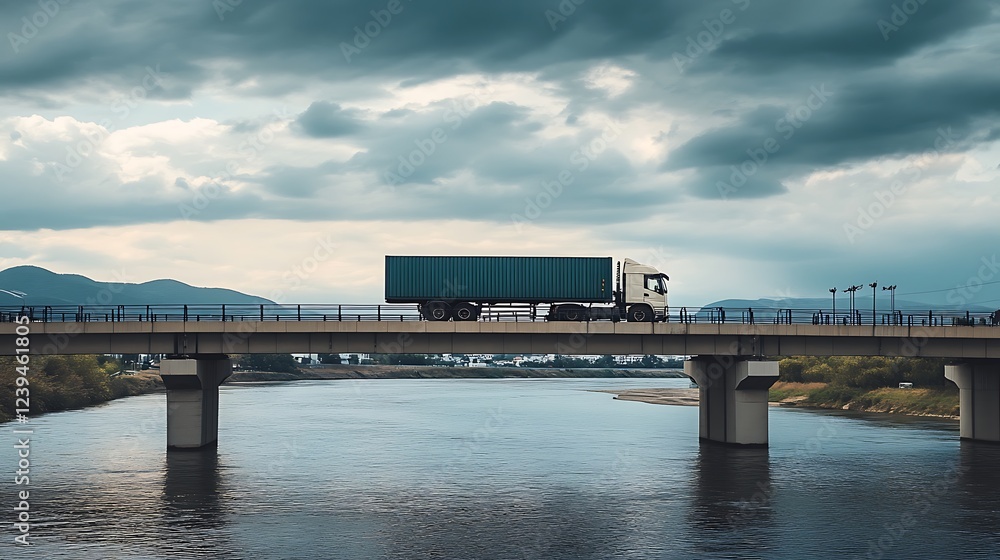 White Truck Crossing River Bridge Under Cloudy Sky White Truck Crossing River Bridge Under Cloudy Sky