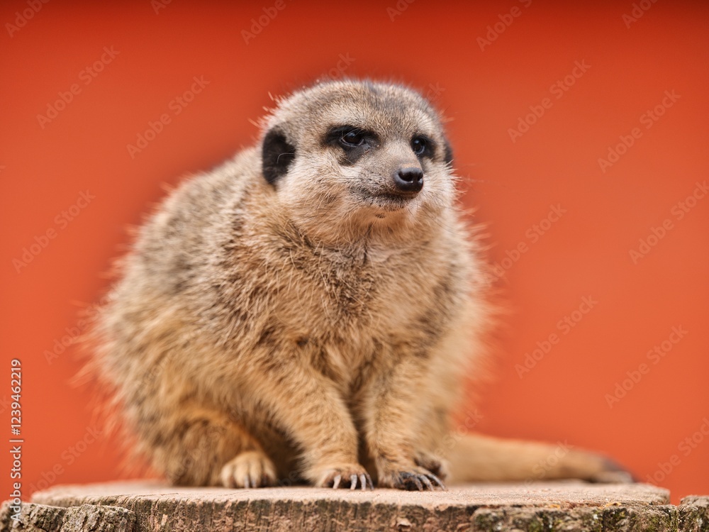 Fototapeta premium Portrait of suricata meerkat outdoors on the wood